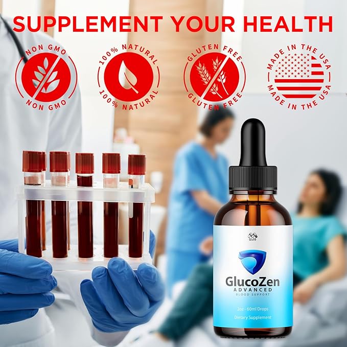 GlucoZen tested in a lab environment with non-GMO, natural, gluten-free and made in USA badges